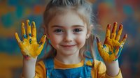 Young caucasian girl with bright blue eyes showing yellow and blue painted hands, wearing denim overalls and yellow shirt, smiling against colorful blurred background.