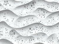 Water drops on white wavy surface creating abstract pattern with light and shadow. Minimalist monochrome background with condensation droplets and curved lines.