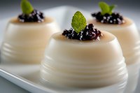 Elegant panna cotta desserts topped with dark berry compote and fresh mint leaves on white plate, selective focus creates dreamy atmosphere for food photography.