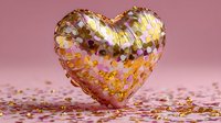 Golden heart-shaped balloon with confetti decoration on pink background, perfect for Valentine's Day, anniversary, or romantic celebration designs.