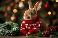 Adorable brown rabbit wearing festive red knitted sweater with winter pattern surrounded by holiday decorations and warm bokeh lights for seasonal greeting cards.