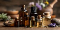 Assortment of essential oil bottles with cork stoppers on wooden table with lavender and herbs, natural aromatherapy concept for wellness and spa.