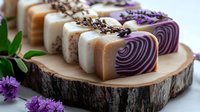 Handcrafted soap bars with swirled purple and brown design displayed on wooden slice with lavender sprigs and flowers, showcasing artisanal bath products.