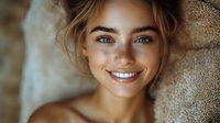 Young blonde woman with bright smile lying on soft beige blanket in warm natural light. Cozy morning lifestyle portrait for wellness and beauty concepts.
