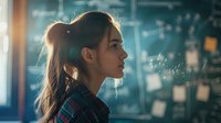 Young Asian woman in plaid shirt gazing thoughtfully at glowing mathematical formulas and equations floating in atmospheric classroom setting, side profile view.
