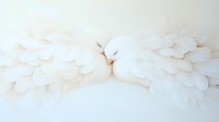 Gentle kiss between two faces with white angel wings, soft ethereal romantic composition against light background, dreamy artistic portrait in pale tones.
