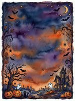 Halloween night sky background with spooky haunted house, flying bats, jack-o-lantern pumpkins, bare trees, crescent moon and stars in watercolor style.
