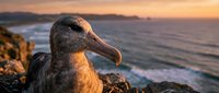 Majestic albatross seabird perched on rocky coastal cliff during golden hour sunset with ocean waves and dramatic sky creating peaceful wildlife scene.