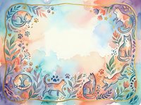Watercolor frame with cute cats and floral elements on pastel background. Decorative border with kittens, leaves, flowers for greeting cards and invitations.