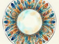 Decorative mandala with ornate feathers in blue and orange tones forming circular pattern. Bohemian style design for meditation, spiritual art and home decor.