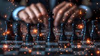 Dramatic chess game scene with hands moving pieces on dark board illuminated by glowing orange particles and blue light effects, creating mystical atmosphere.