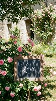 Rustic chalkboard sign with Love calligraphy surrounded by blooming pink roses in a sunny garden, perfect for wedding decor.