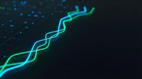 Glowing neon DNA helix with cyan and green light trails on dark digital background, representing genetic science, biotechnology, and molecular research.