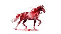 Red watercolor horse galloping with paint splashes and artistic brush strokes on white background for creative design projects and equestrian artwork.