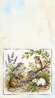 Adorable woodland mice family gathering among wildflowers and herbs in watercolor illustration for children's books and nursery decor.