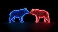 Glowing neon bears face each other, one blue and one red, creating luminous silhouettes against dark background, symbolizing market trends and financial concepts.