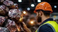 Caucasian male construction worker in safety vest and orange hard hat inspecting large raw copper ore pieces in mining or industrial warehouse facility.