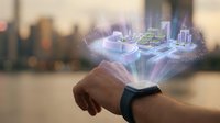 Businessman hand wearing smartwatch displaying holographic cityscape with buildings and urban development plans for technology and innovation concepts.