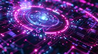 Futuristic circular technology interface with glowing pink and blue neon lights on circuit board background, representing digital transformation and innovation.