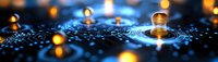 Water drops creating concentric ripple patterns on dark reflective surface with glowing golden bokeh lights, macro photography in blue tones.