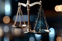 Decorative scales of justice with glowing blue bokeh background, metallic balance scale showing legal and judicial concept, dramatic lighting creates depth.