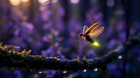 Glowing firefly with illuminated abdomen resting on moss-covered branch in magical purple twilight forest creating enchanting bioluminescent scene.