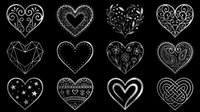 Twelve decorative silver hearts with ornate patterns isolated on transparent background, ready for Valentine clipart, stickers, t-shirt design, and print on demand use.