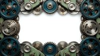 Steampunk mechanical gears and cogs frame border with metallic bronze and teal elements on white background for industrial design projects.