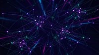 Abstract digital network with glowing nodes and connecting lines in purple, blue and green colors on dark background for technology concepts.