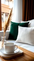 Cozy window seat with emerald green and white velvet pillows, dried pampas grass in glass vase, and white ceramic coffee cup on wooden tray. Natural morning light.