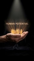 Open hand holding glowing golden human figures with "Human Potential" text and light rays on dark background. Concept for personal development, coaching, mentoring, leadership training.