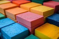 Colorful chalk pastels arranged in diagonal rows showing texture and vibrant colors including blue, pink, yellow, and orange. Macro photography with selective focus.