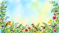 Young woman in straw hat surrounded by garden birds, flowers and foliage in watercolor style. Suitable for nature, gardening and wildlife designs.