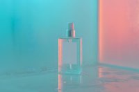 Minimalist perfume bottle on reflective surface with duotone turquoise and coral pink lighting creating modern aesthetic mood for luxury cosmetic advertising.