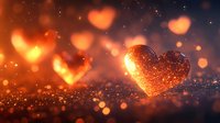 Glowing orange hearts floating with magical sparkles and bokeh lights against dark background, romantic Valentine's day concept with dreamy atmosphere.