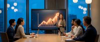 Professional businesswoman presenting financial growth chart to diverse team in modern conference room during evening meeting.