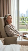 Mature Caucasian woman relaxing in comfortable armchair by window with book and water glass, enjoying peaceful moment at home in cozy living room setting.