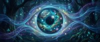 Mystical cosmic eye with swirling energy streams and starlight particles in deep space fantasy artwork for spiritual and metaphysical design projects.