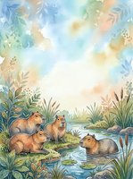 Watercolor capybaras resting by a tranquil pond surrounded by lush greenery, soft pastel sky, and lily pads in a serene nature scene.