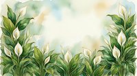 Watercolor botanical frame with lush green foliage and white peace lily flowers on soft pastel background for spring designs and natural decor projects.