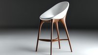 Modern bar stool with white curved seat and wooden legs on dark background, contemporary furniture design for home, restaurant or cafe interior.