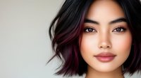 Young Asian woman with burgundy ombre bob hairstyle and natural makeup looking at camera against light background, beauty and fashion portrait.