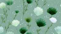 Delicate dandelion seed heads and stems in white and green shades create an ethereal floating pattern on sage background, suitable for fabric and wallpaper design.