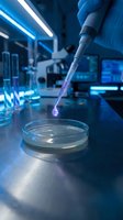 Scientist in blue gloves pipetting purple liquid sample into petri dish in modern laboratory with glowing equipment and monitors.