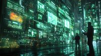 Silhouettes of people against futuristic cityscape with glowing green digital displays and reflective wet streets creating cyberpunk atmosphere for sci-fi concepts.