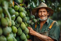 Senior farmer in straw hat harvesting green tropical fruit from tree on plantation, showcasing agricultural lifestyle in rural setting.