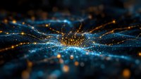 Glowing blue and orange particles form dynamic waves against dark background, creating futuristic network visualization with depth and motion effect.