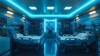 Modern hospital intensive care unit with two medical beds equipped with monitoring equipment, illuminated by bright blue neon ceiling lights and ambient lighting. Futuristic healthcare facility interior for medical, technology, and hospital-related projects.