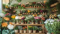 Colorful potted flowers and plants arranged on wooden shelves in garden shop interior, featuring roses, daisies and mixed blooms in terracotta pots against sage green wall.