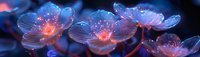 Glowing translucent flowers with luminous orange centers against dark blue background, creating magical ethereal atmosphere for fantasy or nature designs.